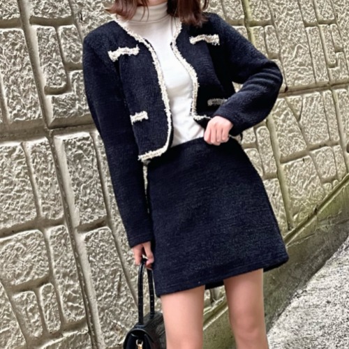 (ウール20%)カラーミックスクロップ ジャケットスカート セットRumi_JP